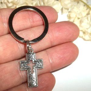 Silver Cross Keychain Unisex Gift Idea Keyring Key Chain Holder Present NWT C325